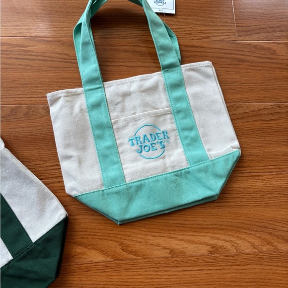 NWT Trader Joe’s 2 Canvas Mini Tote Bags - Green and Teal - Picture 3 of 11